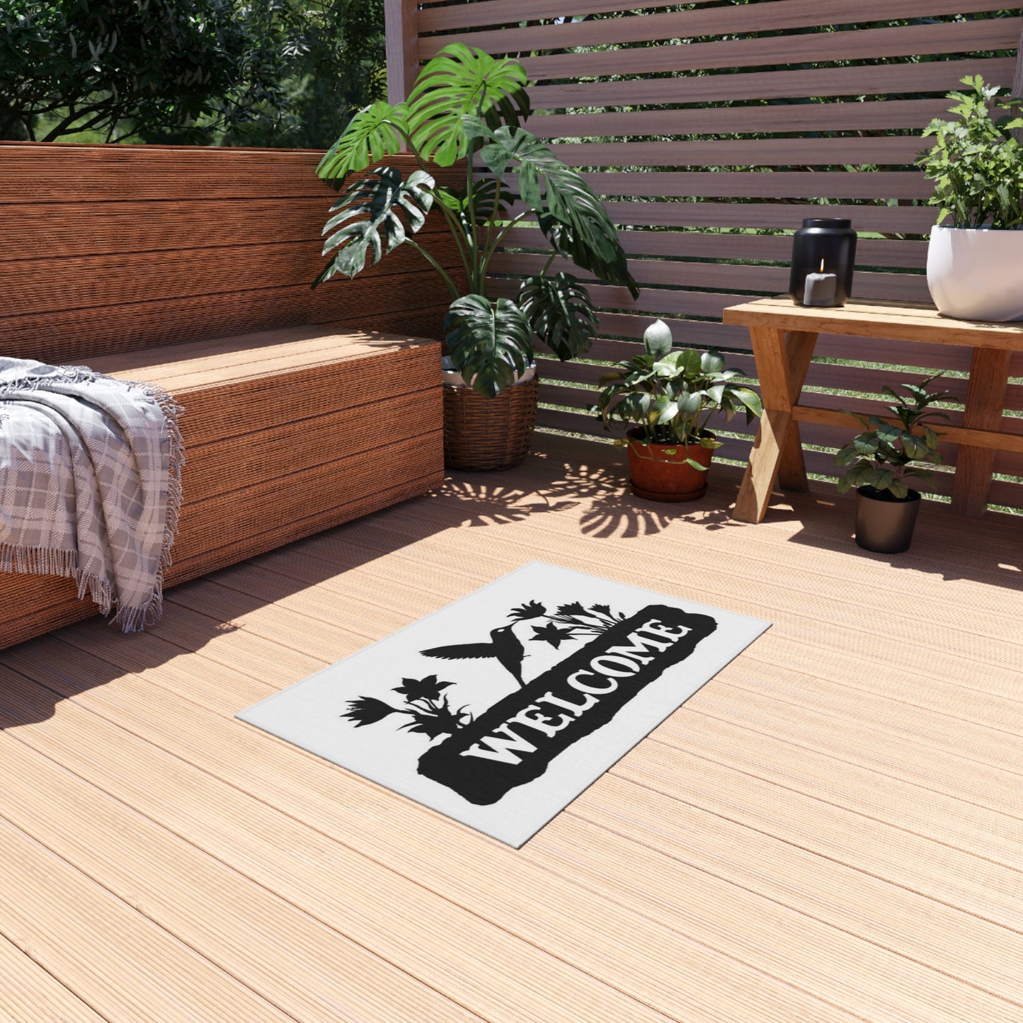 Welcome Outdoor Rug with Hummingbird Design, Garden Decor, Patio Entrance Mat, Nature Themed Home, Outdoor Living Accessories
