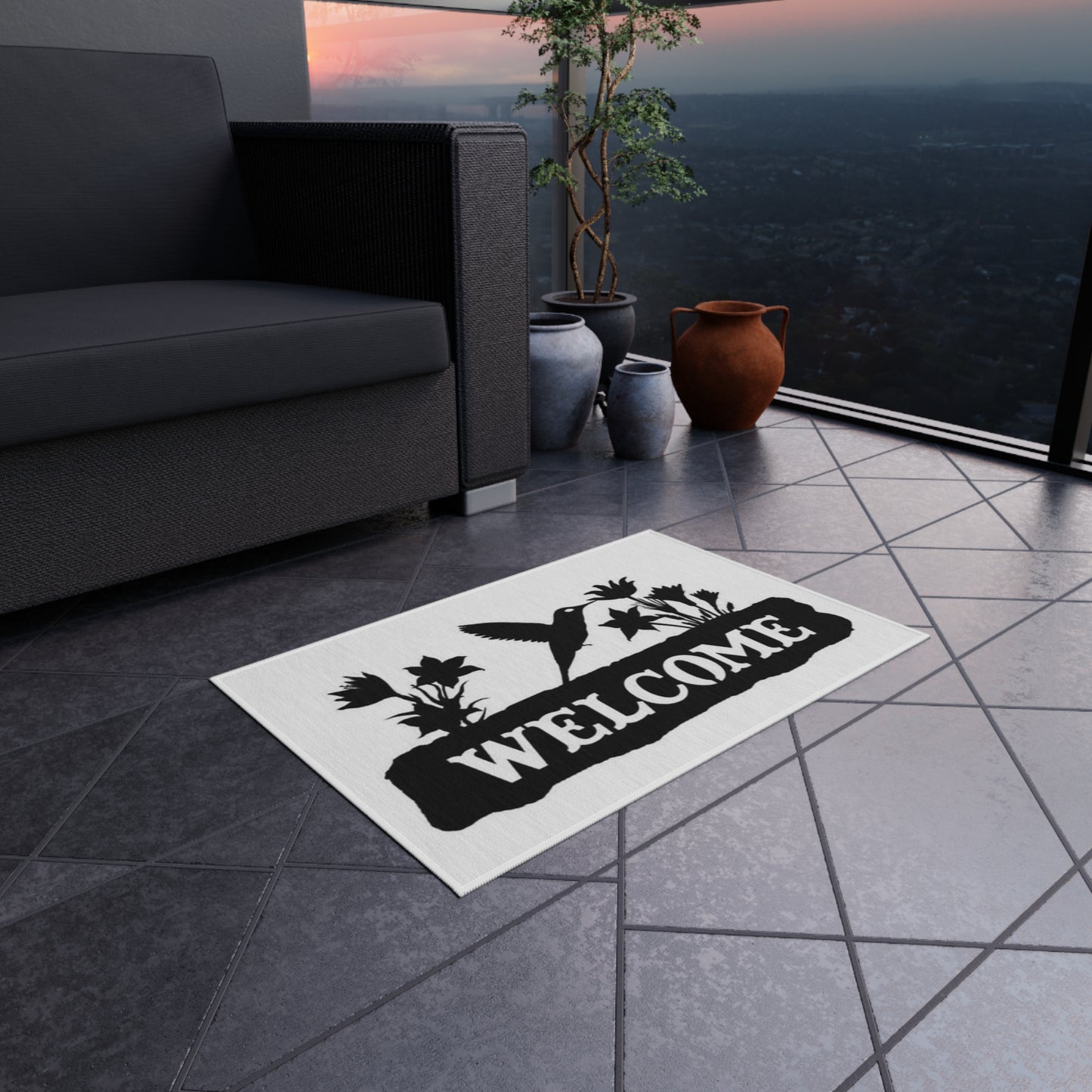 Welcome Outdoor Rug with Hummingbird Design, Garden Decor, Patio Entrance Mat, Nature Themed Home, Outdoor Living Accessories