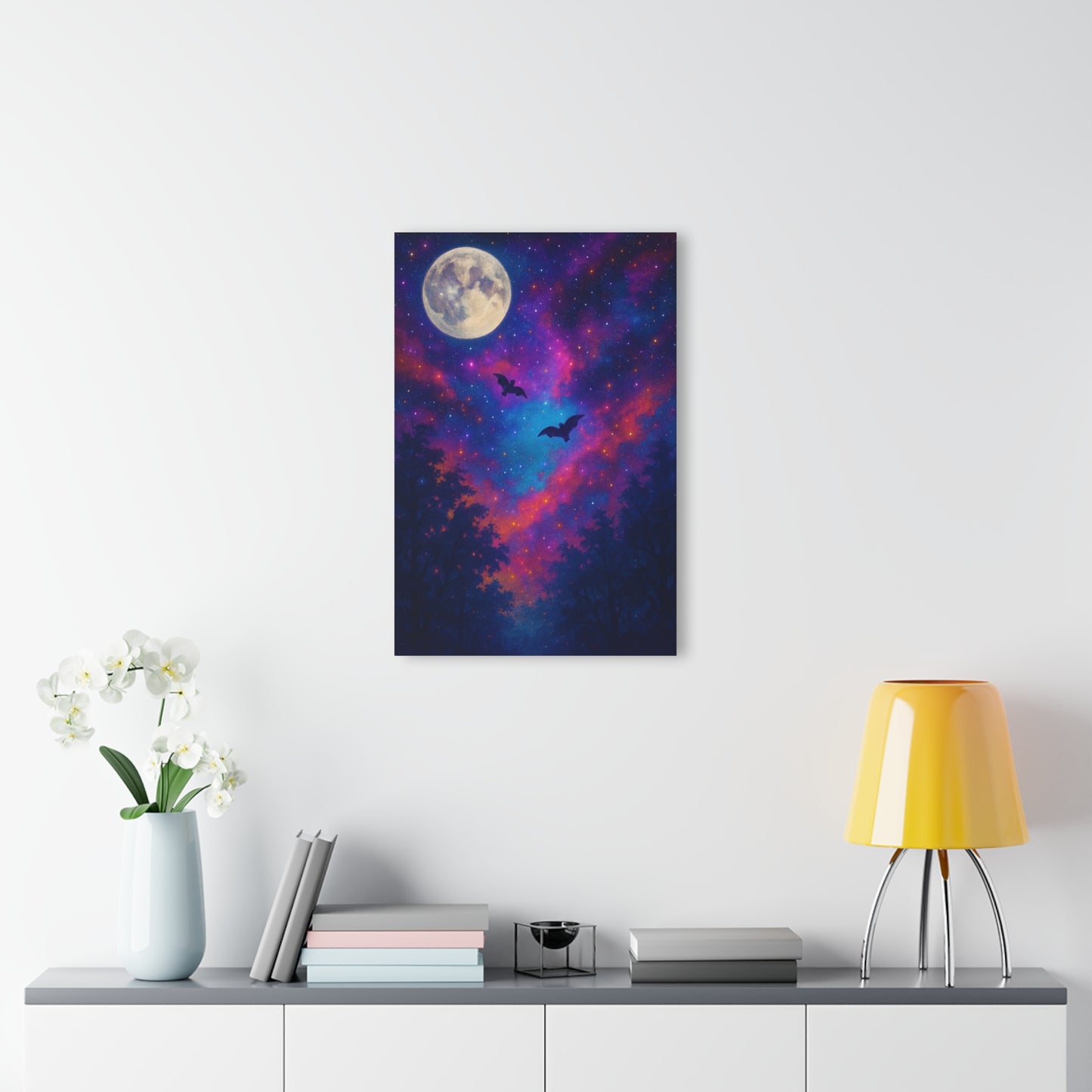 Celestial Night Acrylic Print, Starry Sky Wall Art, Moon and Bat Decor, Halloween Home Decor, Gift for Nature Lovers