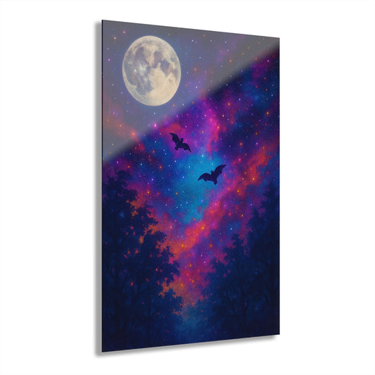 Celestial Night Acrylic Print, Starry Sky Wall Art, Moon and Bat Decor, Halloween Home Decor, Gift for Nature Lovers