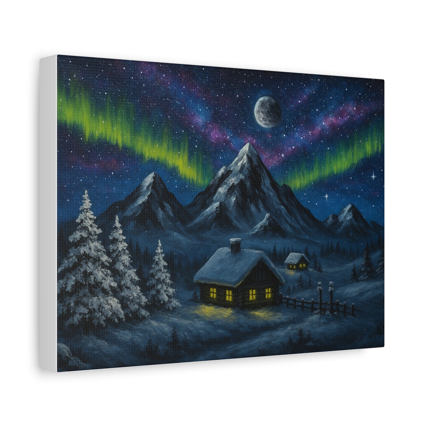 Canvas Wall Art, Northern Lights Mountain Scene, Cozy Cabin Decor, Home Decoration, Winter Landscape Artwork, Serenity Gift
