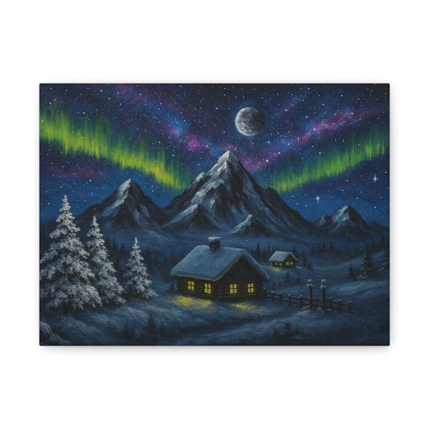 Canvas Wall Art, Northern Lights Mountain Scene, Cozy Cabin Decor, Home Decoration, Winter Landscape Artwork, Serenity Gift