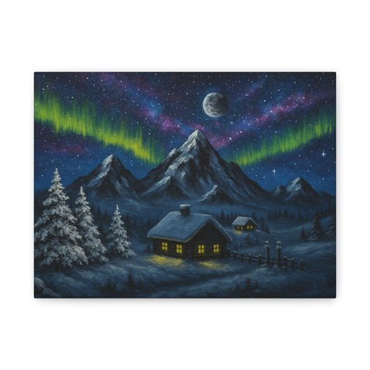Canvas Wall Art, Northern Lights Mountain Scene, Cozy Cabin Decor, Home Decoration, Winter Landscape Artwork, Serenity Gift